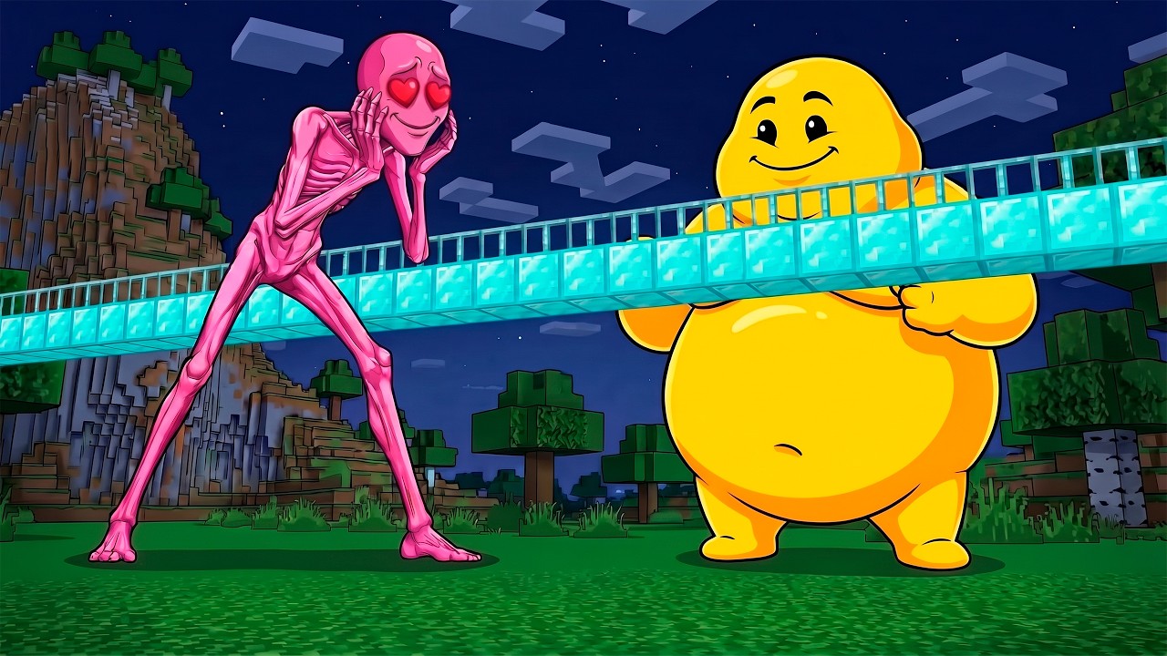 Official Dumb video thumbnail showing two cartoon characters holding a diamond-block bridge in a Minecraft landscape.
