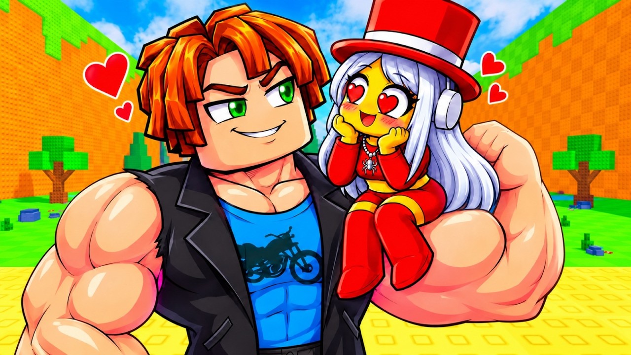 Official Frozy video thumbnail showing a muscular Roblox character holding a tiny character in a red top hat.