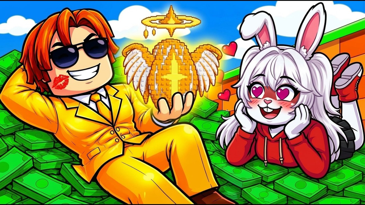 Silver video artwork showing a character in a yellow suit holding a golden egg next to a white rabbit character.