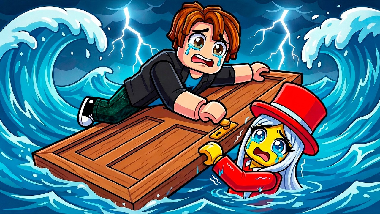 Zoomy video artwork showing Roblox characters escaping giant waves on a floating door.